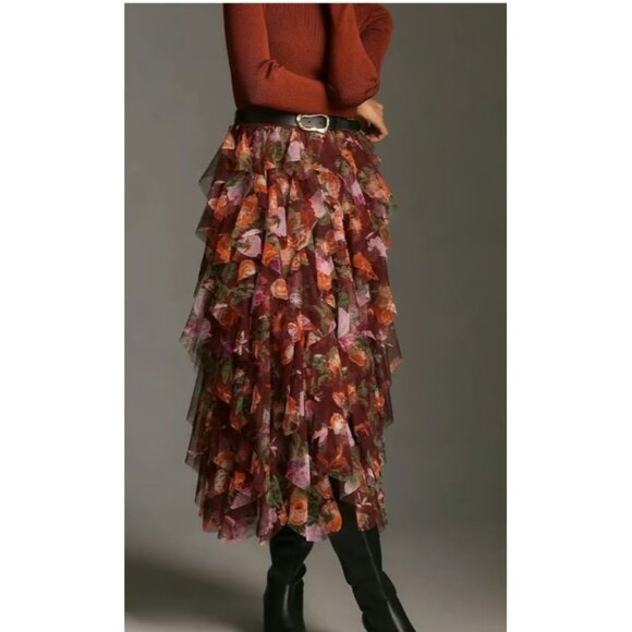 NWT by Anthropologie Cheri in Maroon Floral Ruffled Tulle Midi Skirt L - Picture 1 of 8